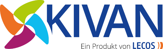 Zu sehen ist das Logo von Kivan. Der Schriftzug ist in blau geschrieben und davor befindet sich eine Zeichnung die aussieht wie ein kleines Windrad.