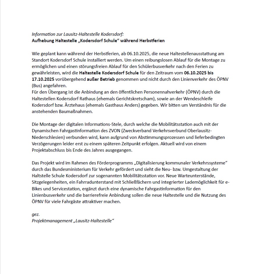 Aufhebung Haltestelle „Kodersdorf Schule“ während der Herbstferien