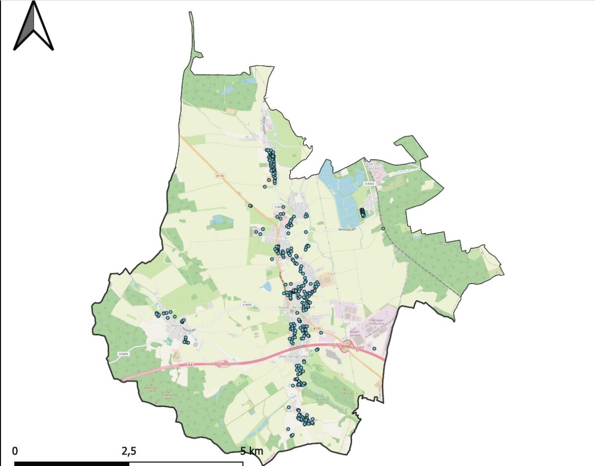 Zu sehen ist eine Karte von Kodersdorf, auf der die Grundstück eingezeichnet sind, die als nächstes an das Breitband angeschlossen werden.