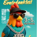 Der Flyer für das nächste Kirmes- und Erntedankfest in Kodersdorf, ausgeführt durch den KoKuVe e.V. Auf dem Flyer ist ein Hahn mit Hut, Sonnenbrille und Silberkette zu sehen. Daneben das Datum an dem die Veranstaltung stattfinden soll. Vom 3.-5.10.2025.