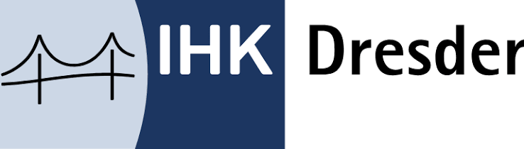 Zu sehen ist das Logo der IHK Dresden. Ein blau-weißer Hintergrund mit dem entsprechenden Schriftzug und einer gezeichneten Brücke.